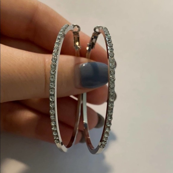 RESTOCKED! Fashion Rhinestone Medium Silver Hoops - Picture 2 of 5